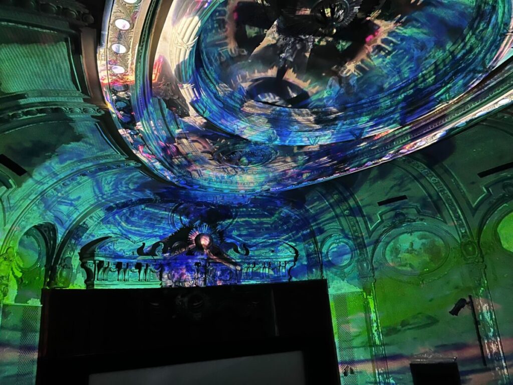 Pictured: Recombination by Julius Horsthuis projected on the ceiling and walls of our historic theatre during the inaugural CineTech at the 25th MdFF in 2024.
